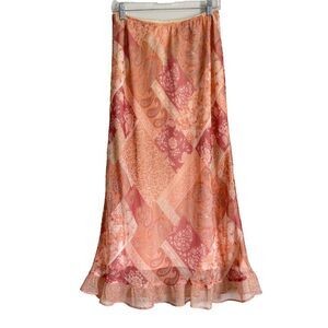 Y2K Ruffle Hem Maxi Skirt Pink Size 14 Floral Paisley Peasant Boho Fairy Whimsy